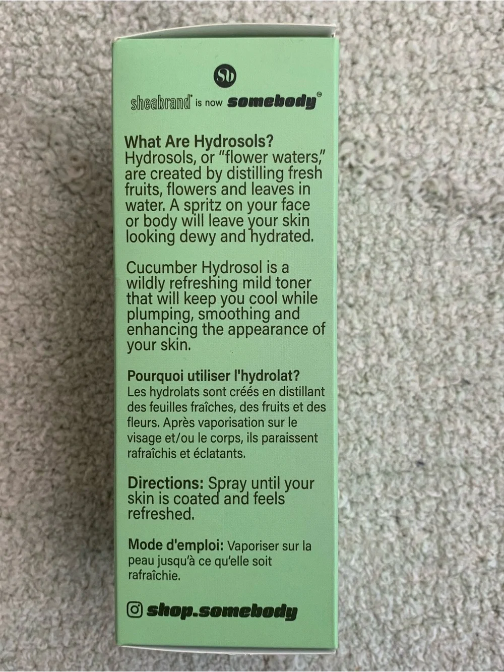 Somebody Hydrosol Cucumber Hydrating Mist in a 2 oz (59 ml) size